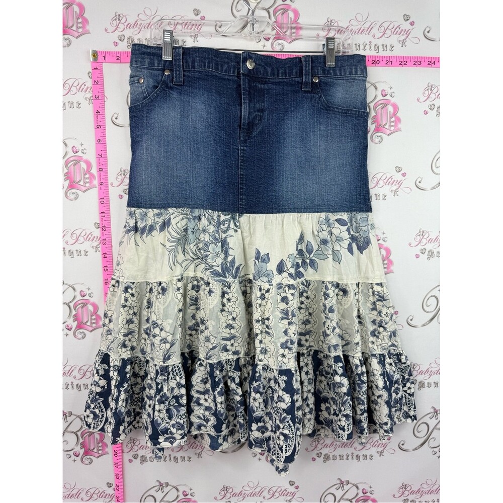 Motherhood Maternity skirt y2k Blue Denim and Cream Floral Tiered Maxi Skirt